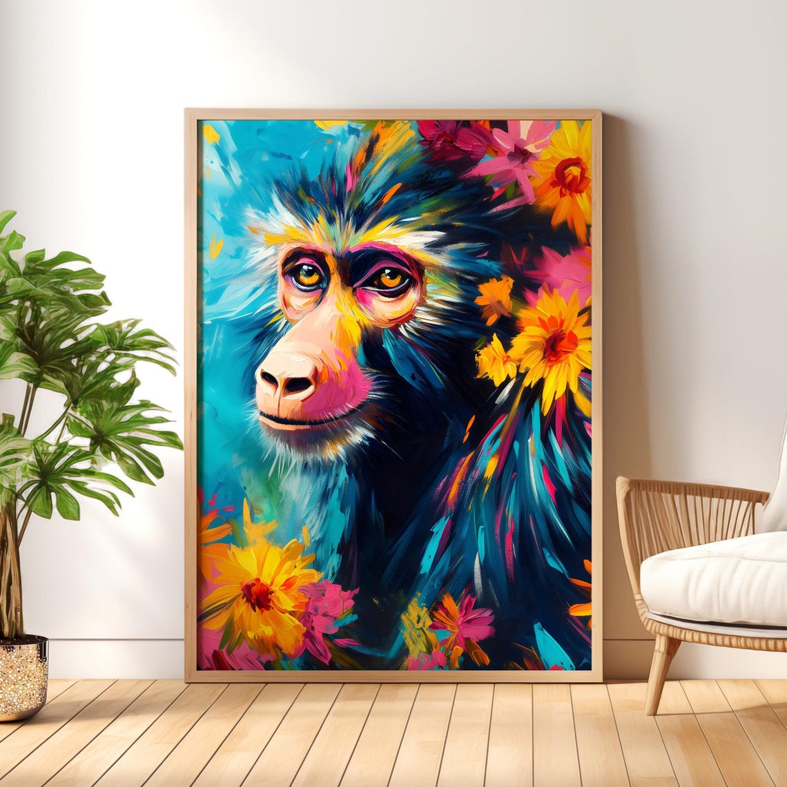 Baboon Portrait in Bold Colorful Paint With Blooming Flowers Poster