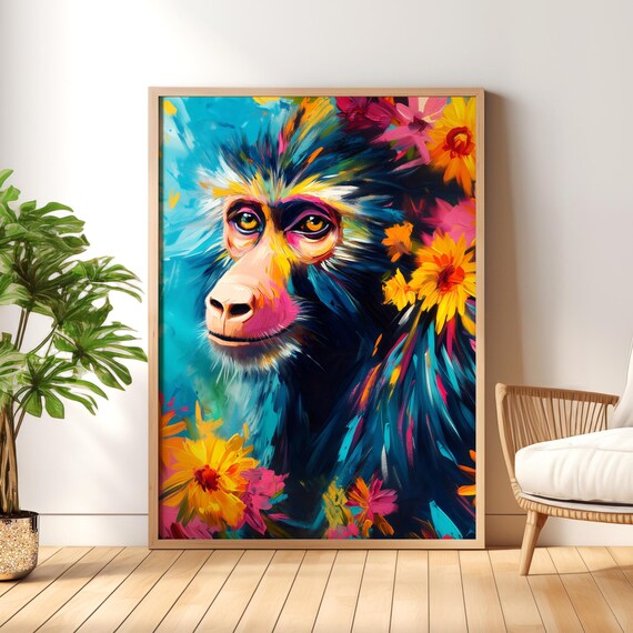 Baboon Portrait in Bold Colorful Paint With Blooming Flowers Poster