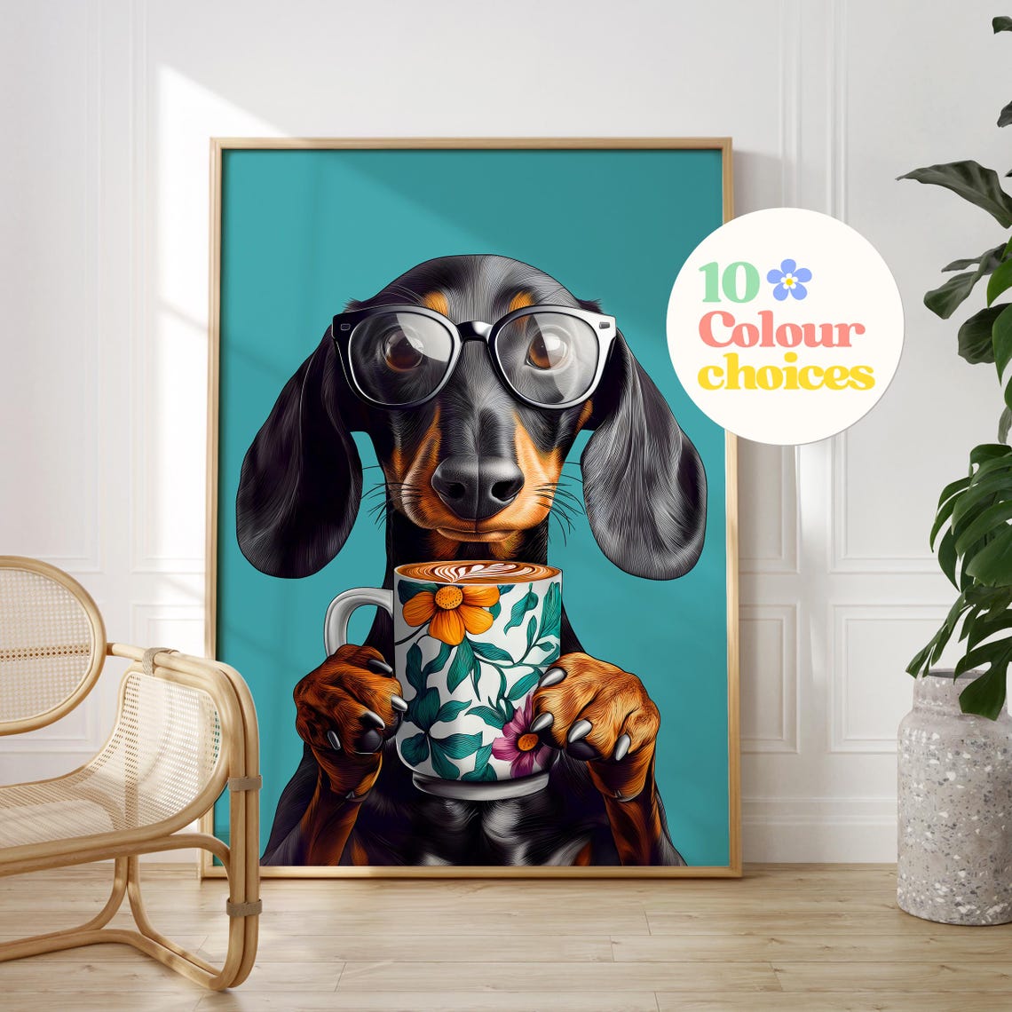 Dachshund Wearing Glasses Holding Floral Coffee Mug On Teal Poster