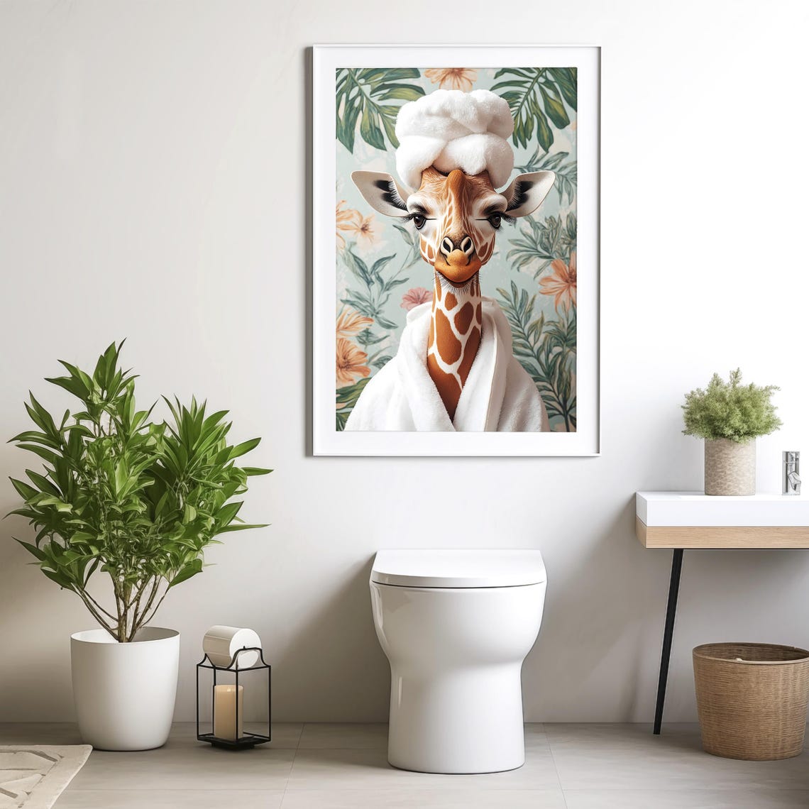 Giraffe in a Spa Robe and Towel Turban Tropical Bathroom Poster - Image 4