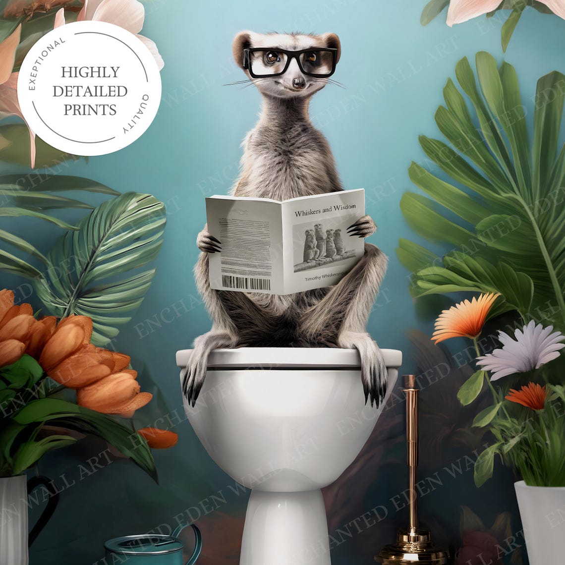 Meerkat in Glasses Reading on a Toilet Botanical Bathroom Poster - Image 6