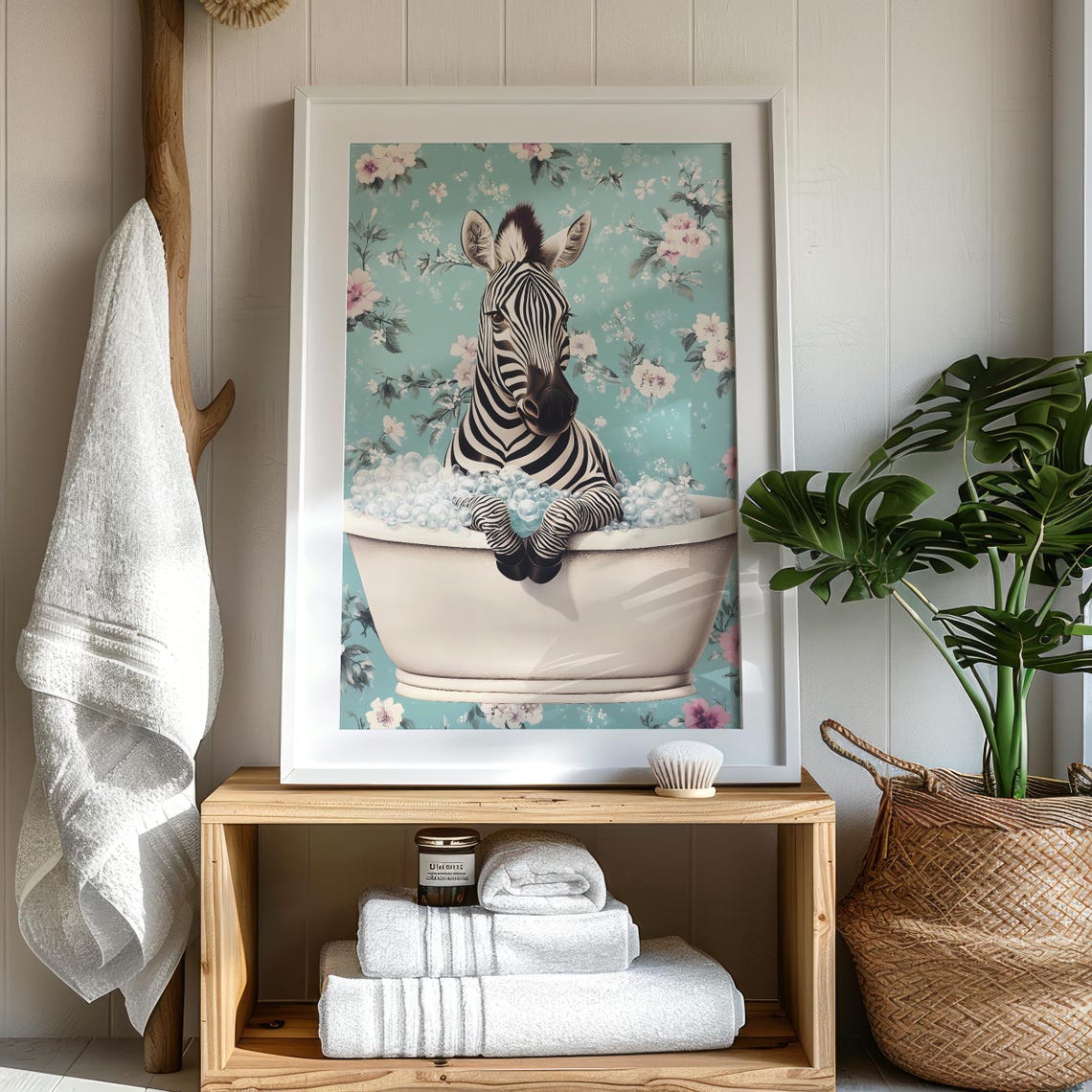 Zebra Relaxing in a Bubble Bath Against a Teal Floral Wallpaper Poster - Image 7