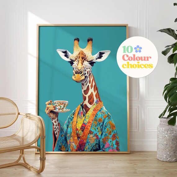 Elegant Giraffe in a Colorful Kimono Holding a Floral Teacup Poster