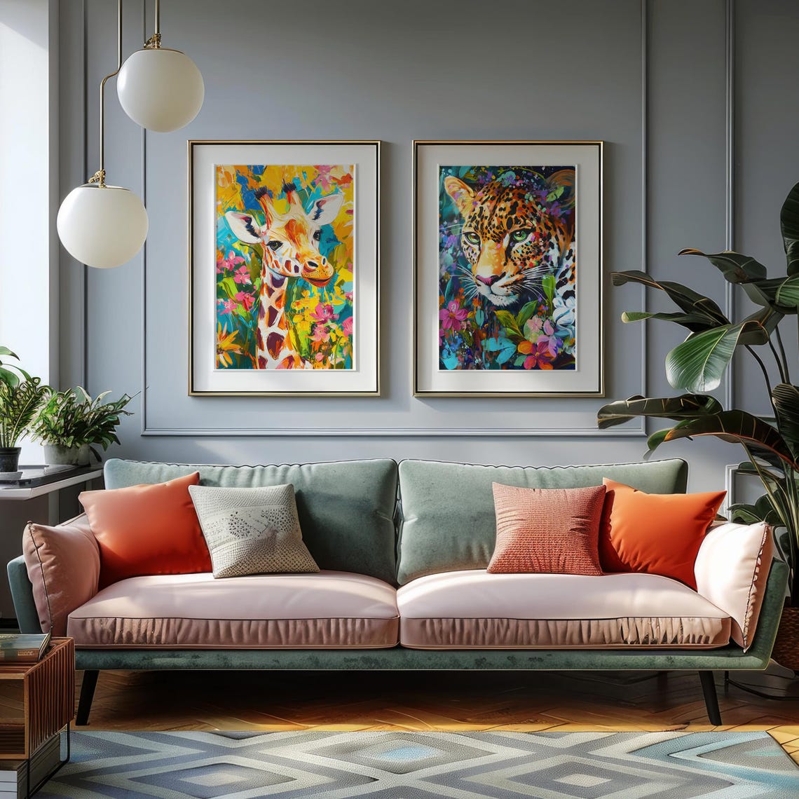 Giraffe Portrait in Bright Abstract Paint With Flowers Poster - Image 4
