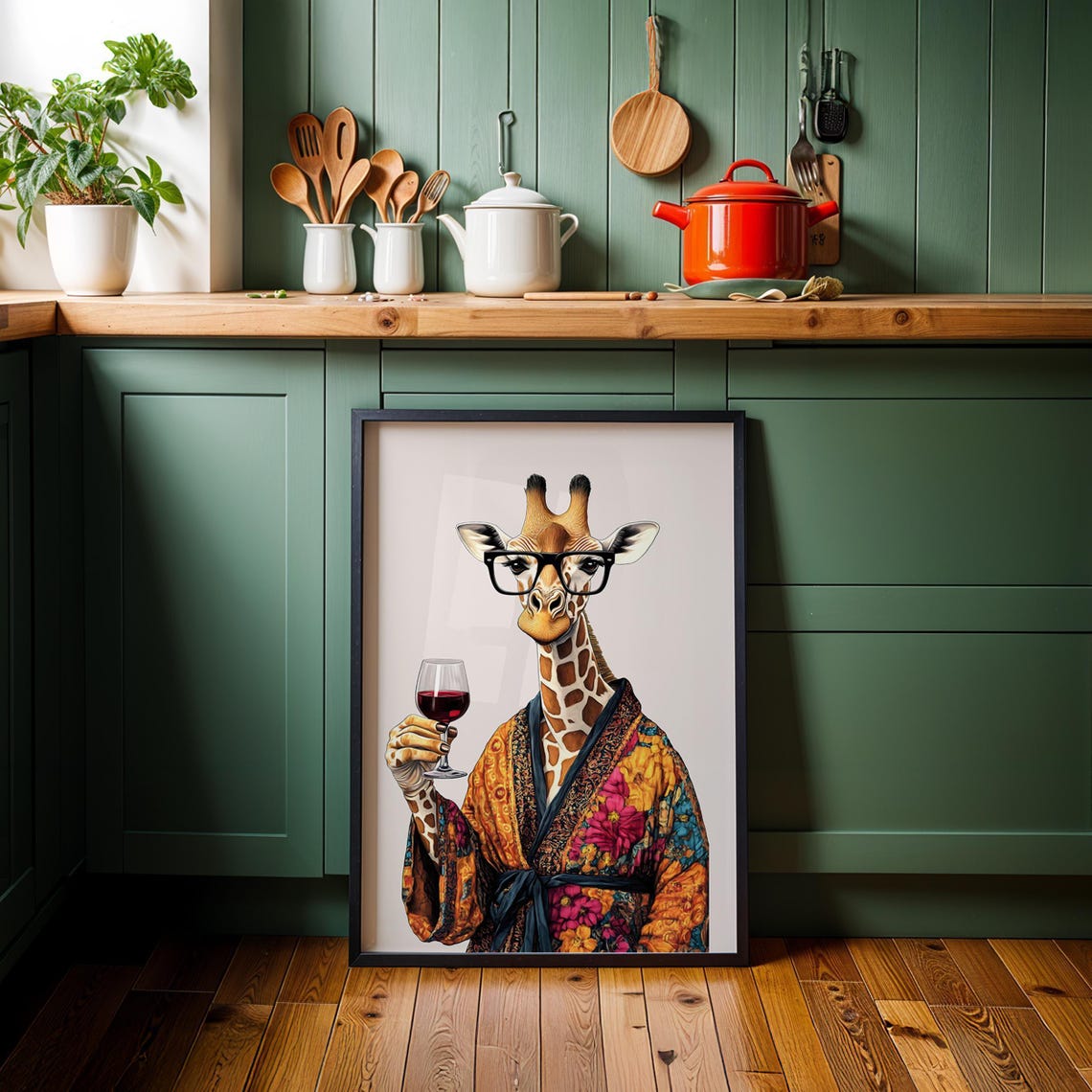 Giraffe in Glasses and Floral Robe Holding a Glass of Red Wine Poster - Image 3