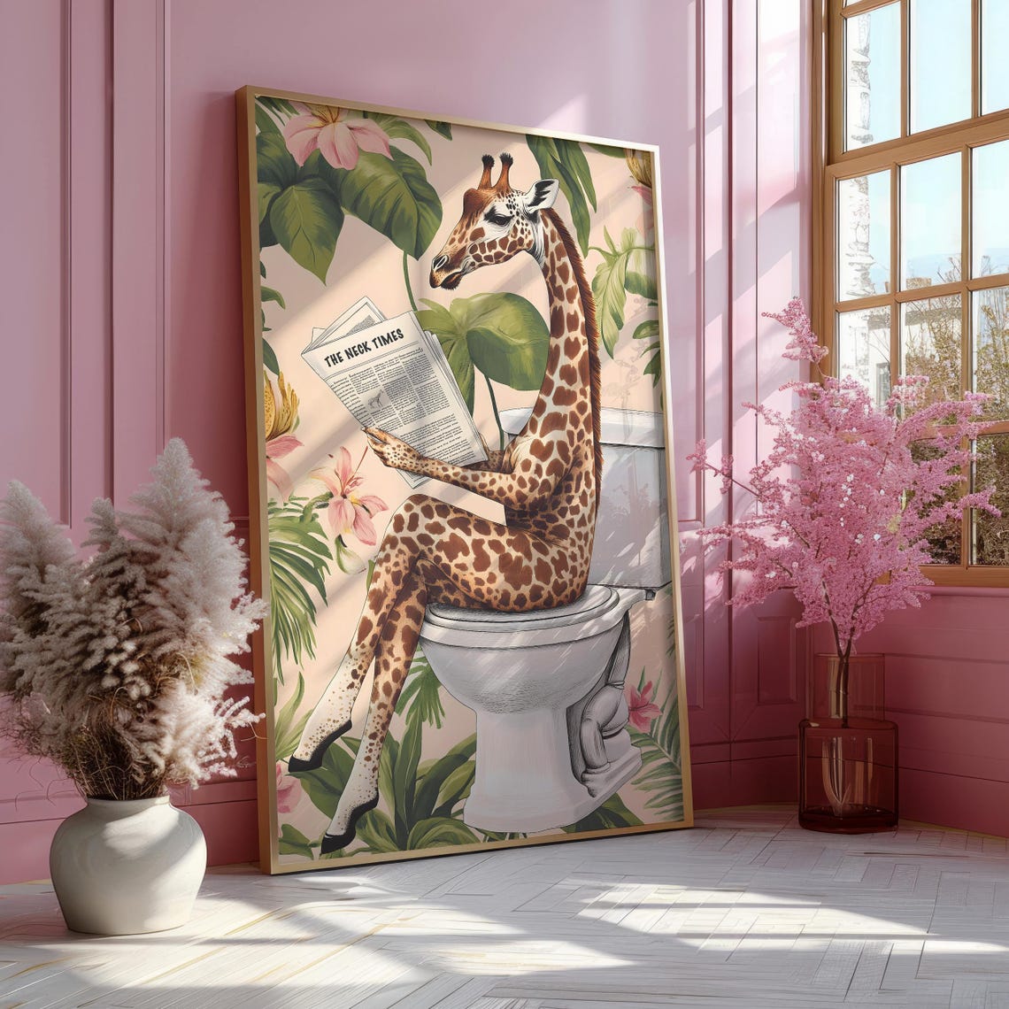 Giraffe Sitting on a Toilet Reading The Neck Times Bathroom Poster - Image 5