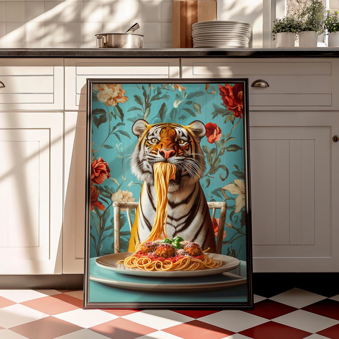 Tiger Slurping Spaghetti With Meatballs Floral Kitchen Poster - Image 2