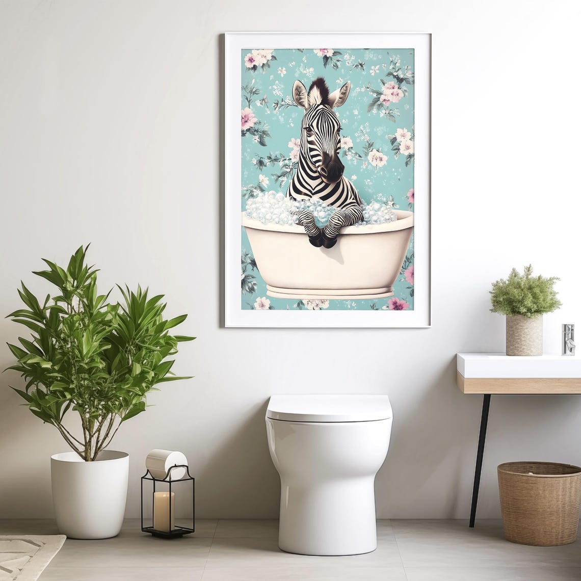 Zebra Relaxing in a Bubble Bath Against a Teal Floral Wallpaper Poster - Image 4