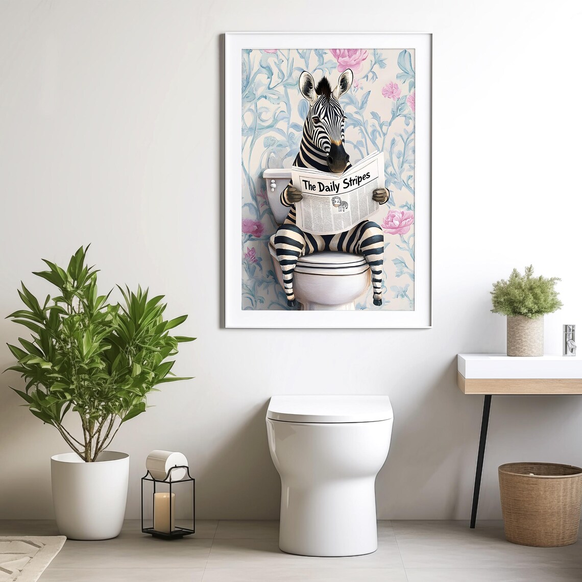 Zebra Reading The Daily Stripes on a Toilet With a Floral Wallpaper Poster - Image 4