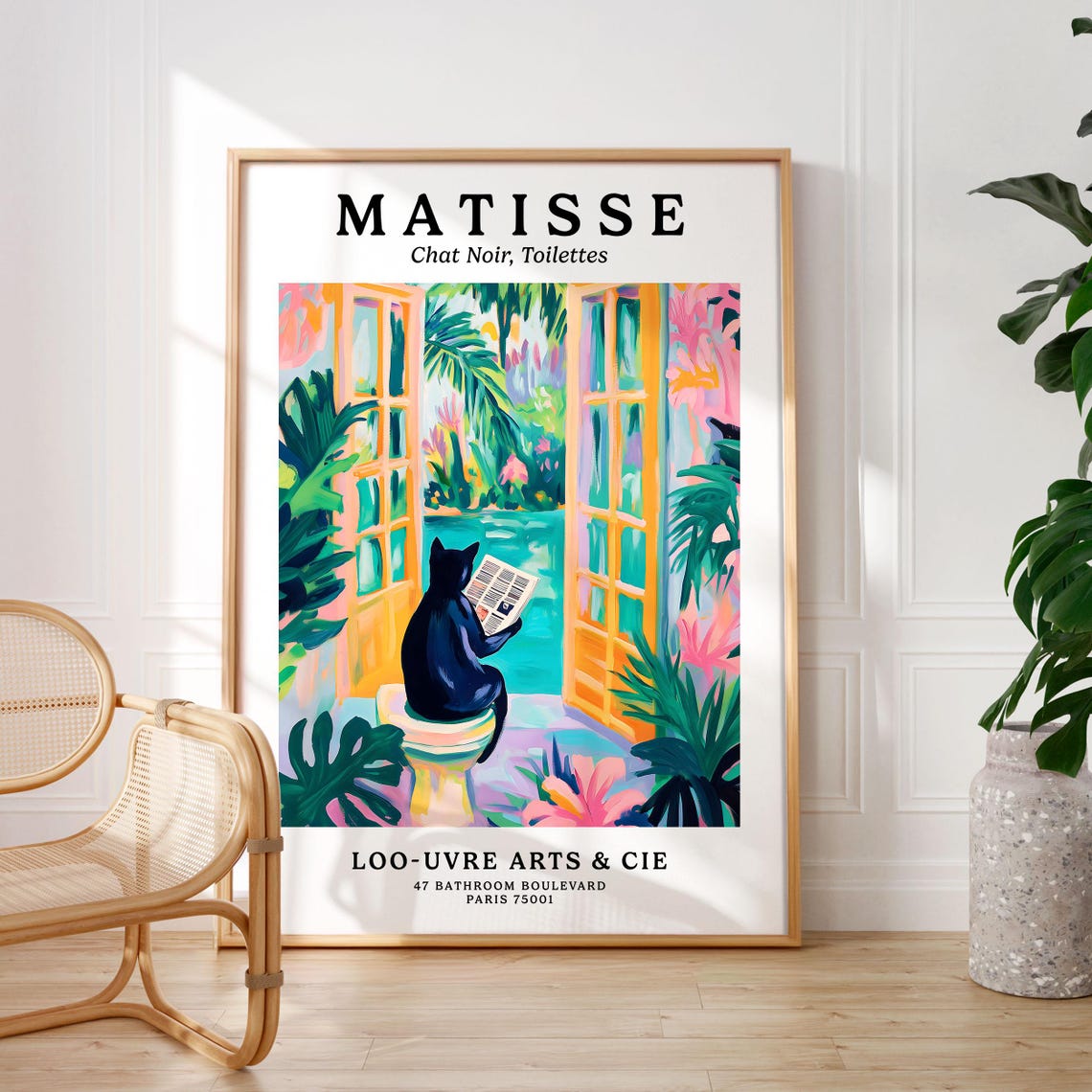 Matisse Style Black Cat Reading by French Doors Toilet Art Poster