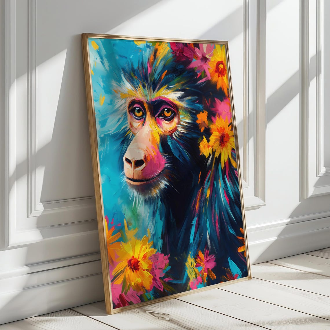 Baboon Portrait in Bold Colorful Paint With Blooming Flowers Poster - Image 4