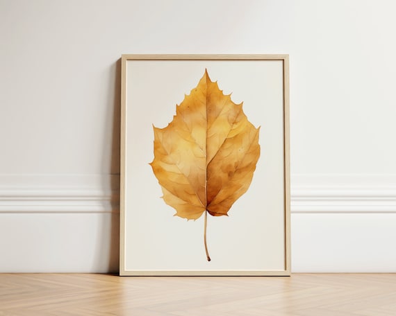 Golden Birch Leaf Watercolor Fall Botanical Minimalist Art Print