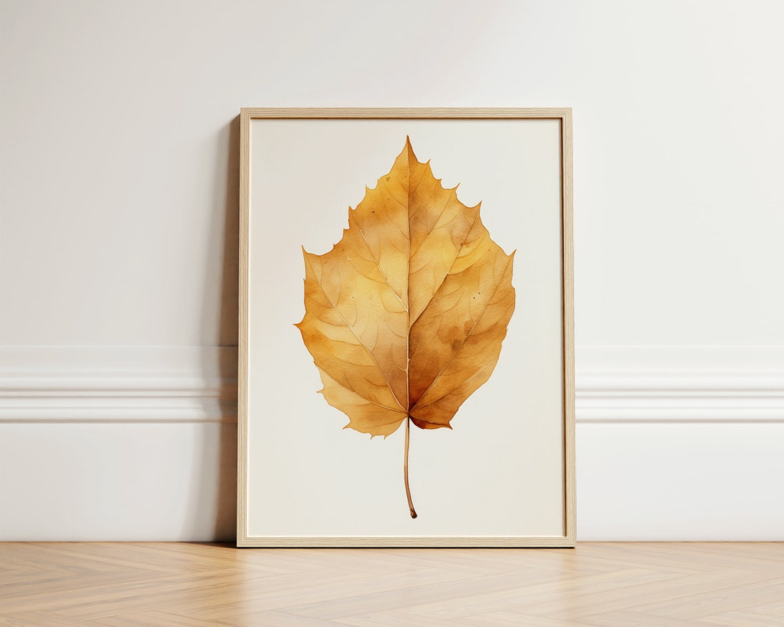 Golden Birch Leaf Watercolor Fall Botanical Minimalist Art Print