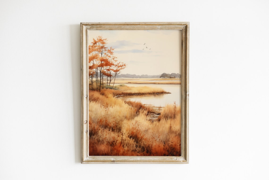 Golden Cape Cod Salt Marsh Autumn Wetlands Watercolor Landscape Poster