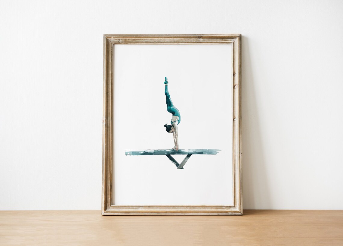Gymnast Handstand On Balance Beam Teal Watercolor Sports Poster