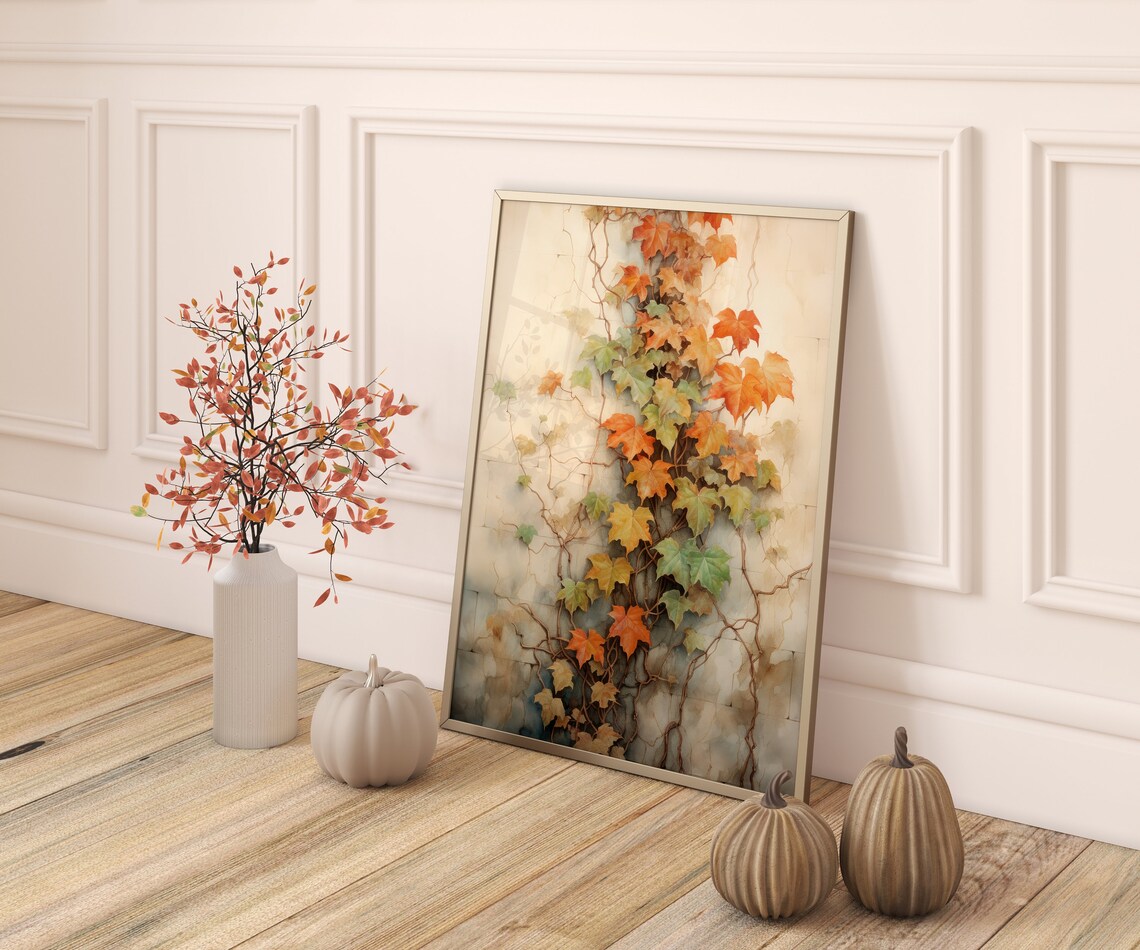 Climbing Autumn Ivy On Stone Wall Watercolor Botanical Fall Poster