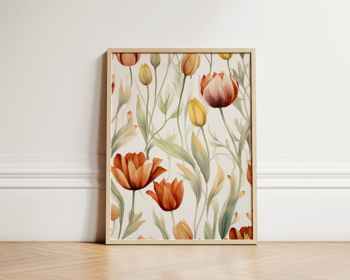 Rust Orange Tulip Garden Watercolor Fall Botanical Floral Poster