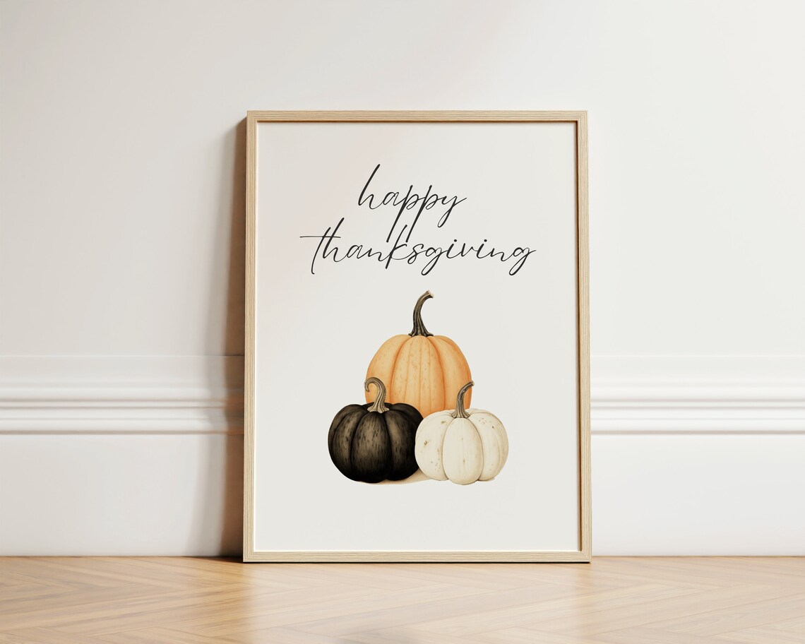 Happy Thanksgiving Script Three Pumpkins Minimalist Fall Fine Art Poster
