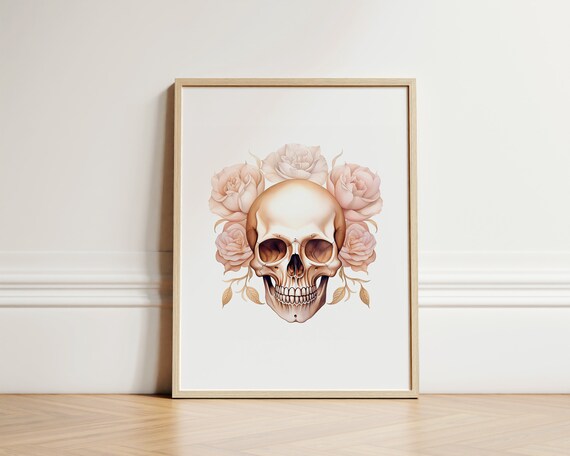 Floral Skull Gothic Wall Art, Pink Artwork Print