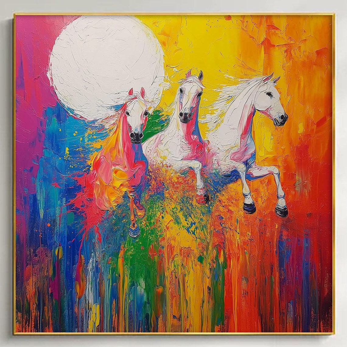 Three White Horses Galloping Rainbow Impasto Abstract Animal Poster