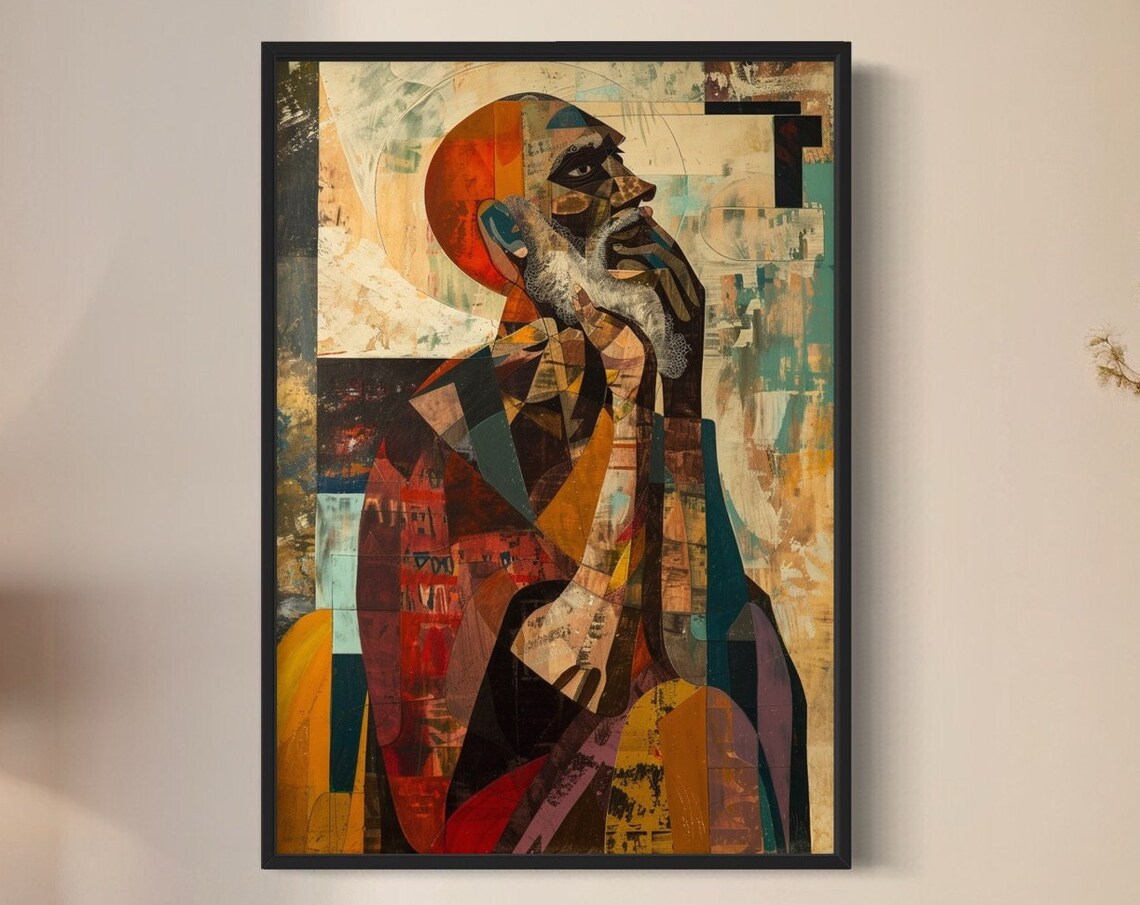 Abstract Geometric Bearded Man Portrait Warm Earthy Modern Art Print
