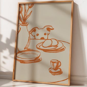 Peeking Dog Wall Art Minimalist Line Poster Terracotta Kitchen Decor Pet Lover Gift Modern Still Life Illustration Beige