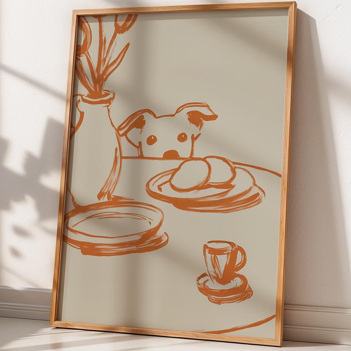 Peeking Dog Wall Art Minimalist Line Poster Terracotta Kitchen Decor Pet Lover Gift Modern Still Life Illustration Beige