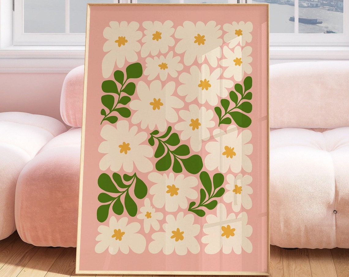 Abstract Pink Daisy Floral Retro Flower Pattern Modern Art Poster
