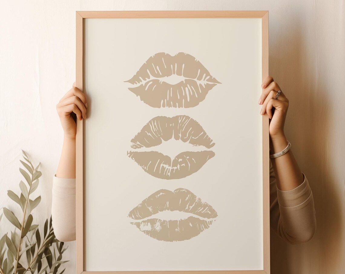 Beige Kiss Lips Poster Three Lipstick Prints Minimalist Feminine Wall Decor