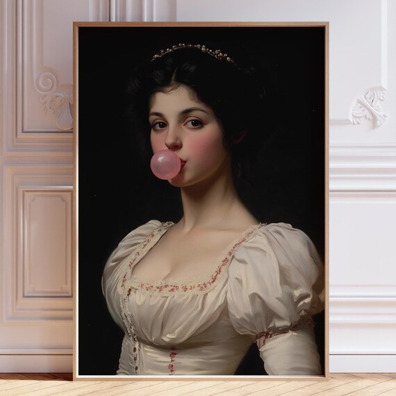Trendy Bubblegum Portrait Art Funny Altered Art Print Baroque Wall Decor Whimsical Vintage Art Eclectic Home Decor Wall Art