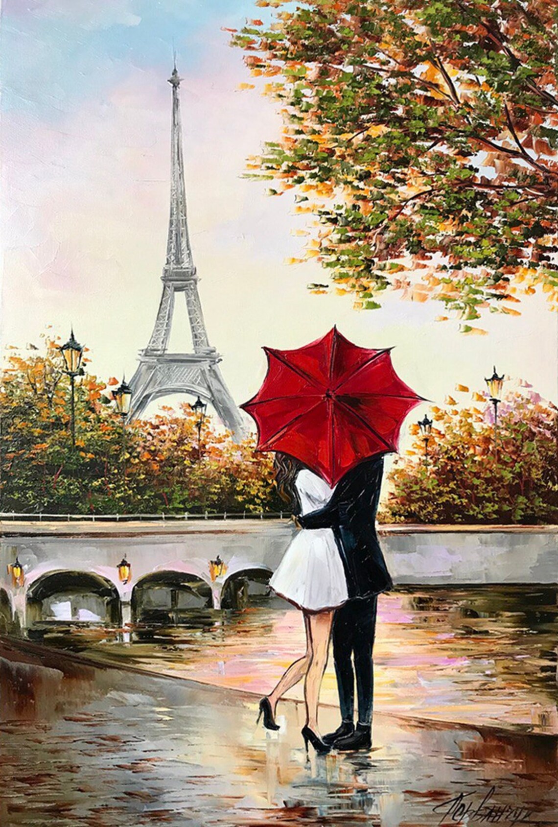 Couple Kissing Under Red Umbrella Painting Romantic Wall Art For Bedroom Lovers Painting Romance Artwork Paris Scenery Autumn Oil Painting