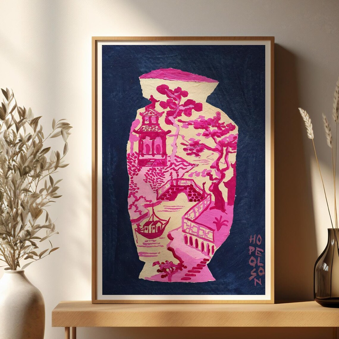Pink Chinoiserie Vase Silhouette Navy Blue Asian Landscape Poster - Image 3