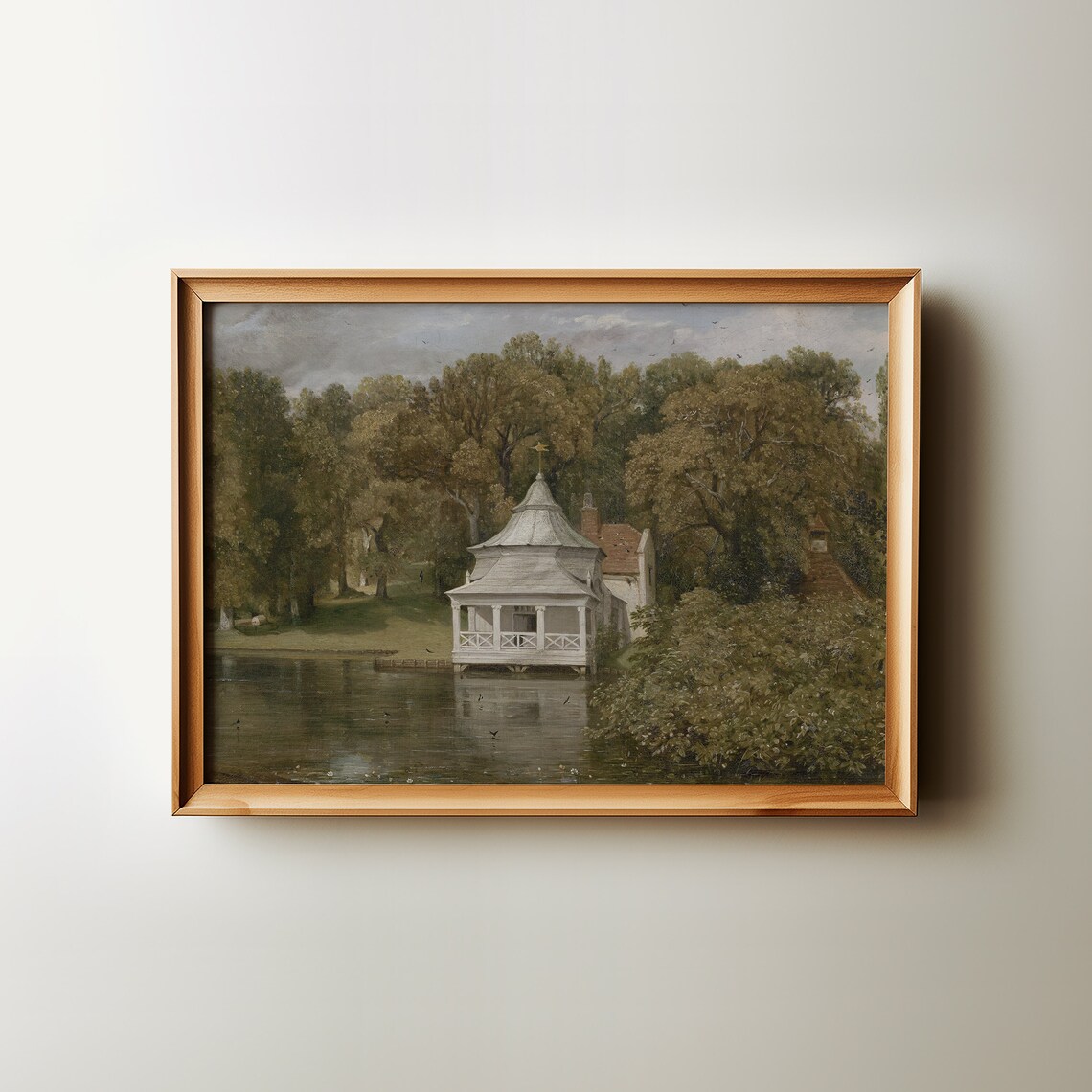 Cottage Core Lakeside Boathouse Moody Oil Painting Art Print - Image 2