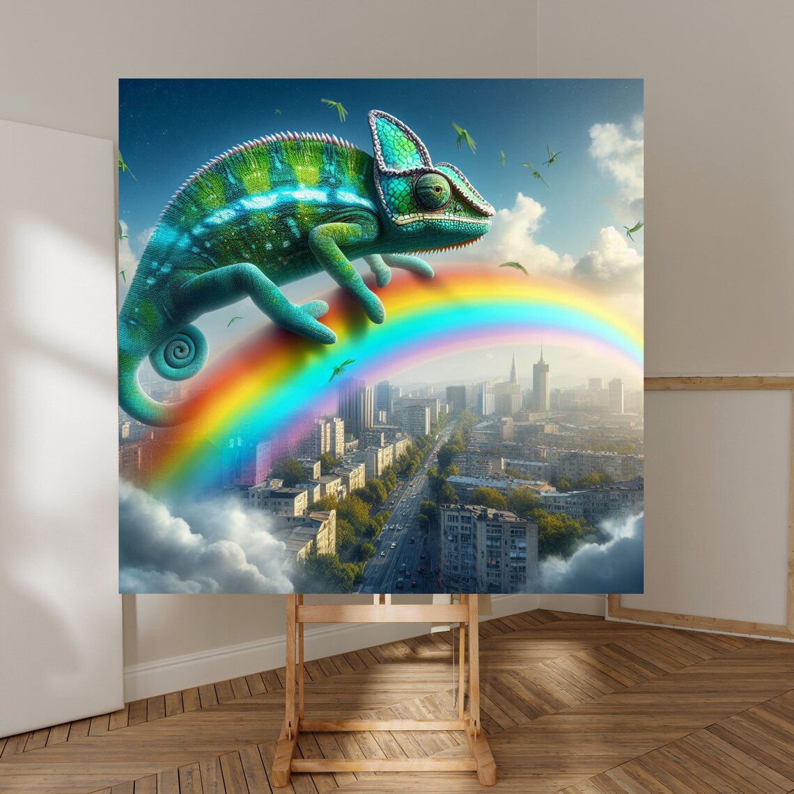 Giant Colorful Chameleon Walking On A Rainbow Over A City Poster