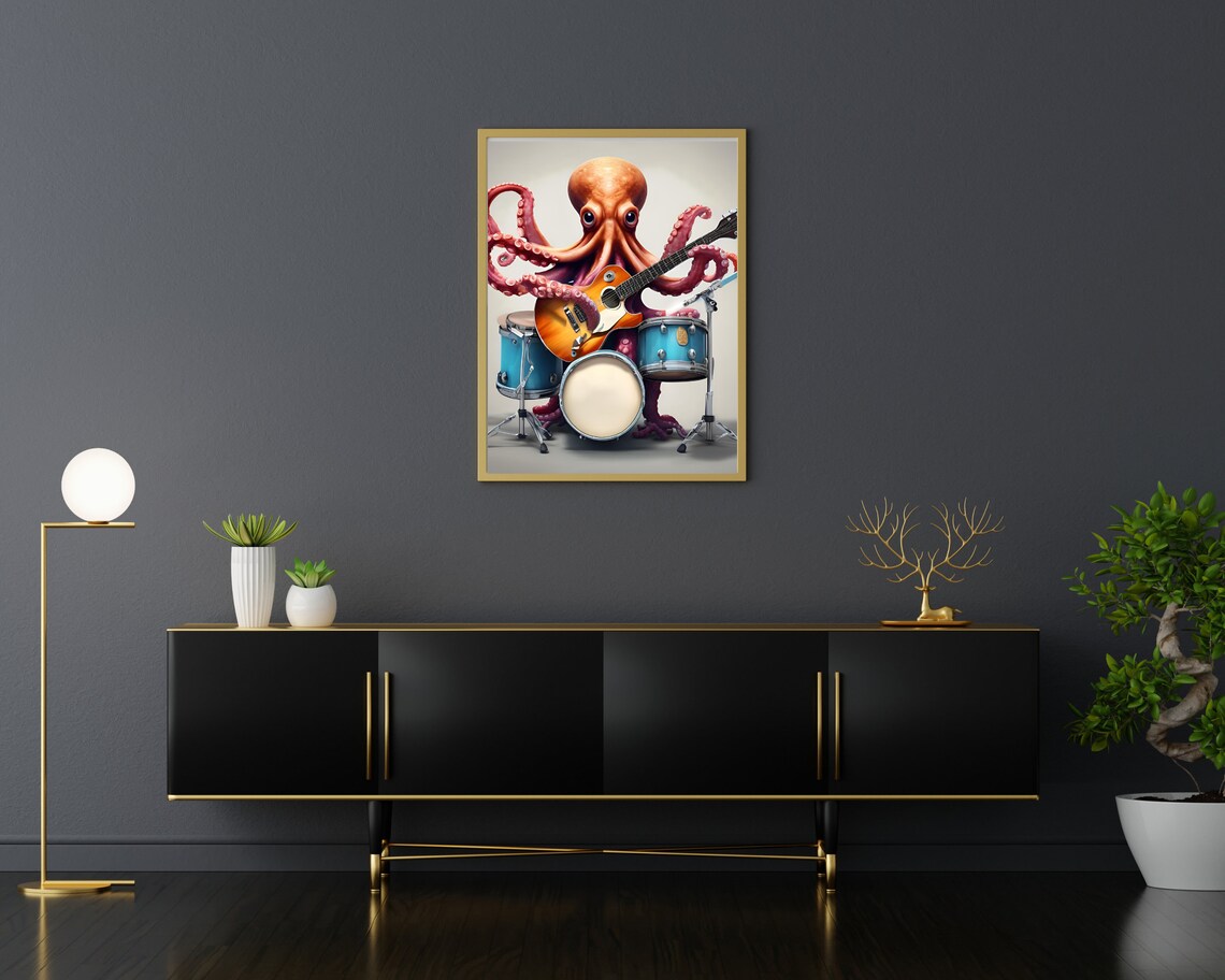 Funny Octopus Playing Electric Guitar and Drums Music Poster - Image 3