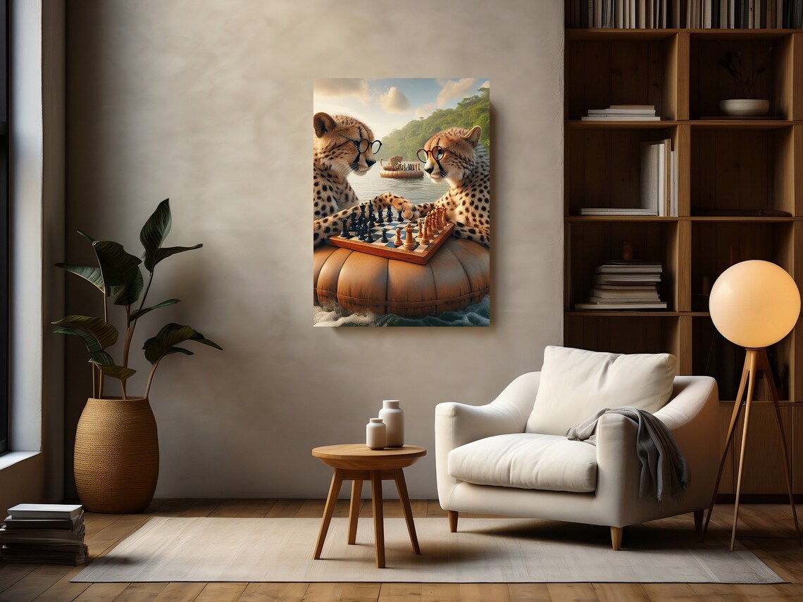 Whimsical Cheetahs Playing Chess on River Rafts Wildlife Poster - Image 2