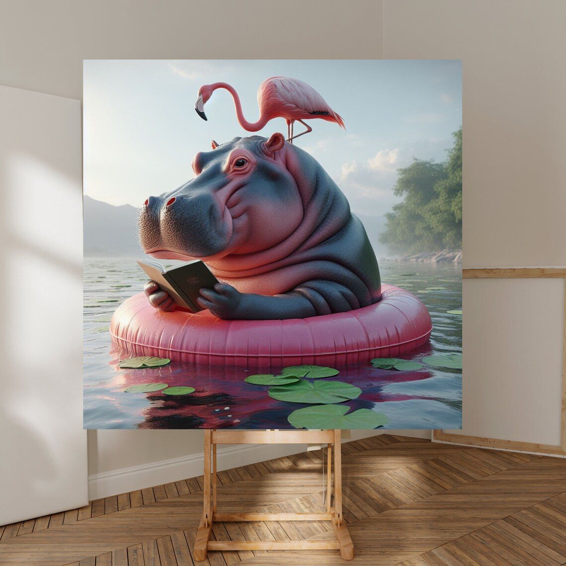 Funny Hippo Reading A Book On A Pink Pool Float With Flamingo Poster