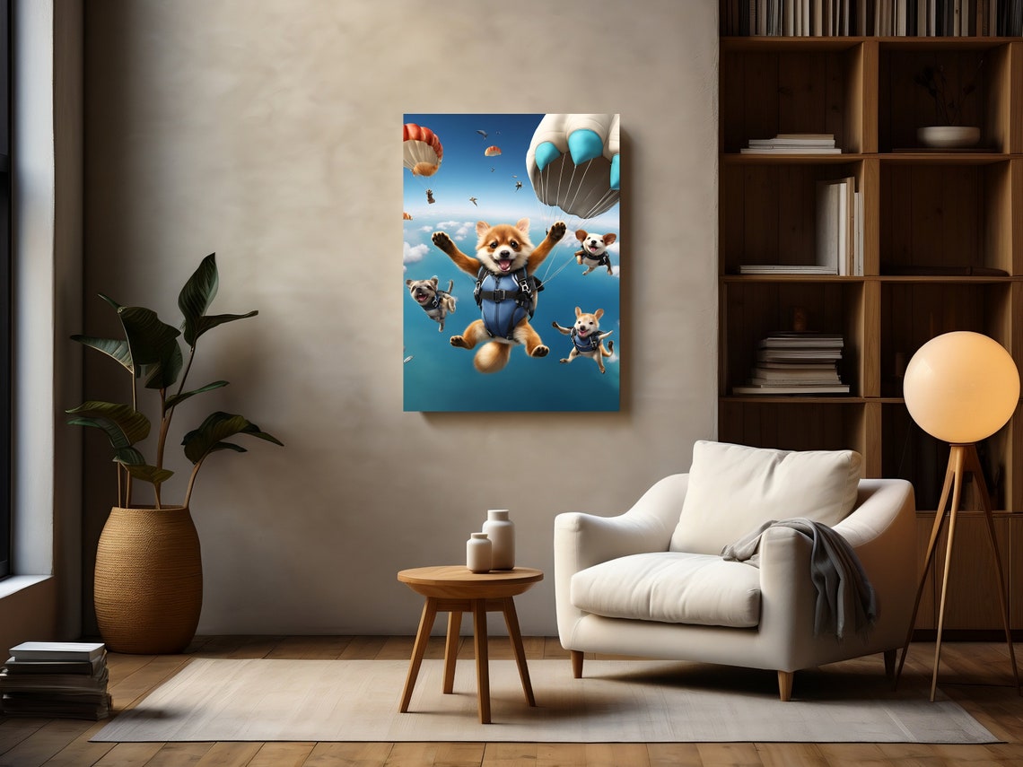Whimsical Puppies Skydiving with Parachutes Above the Clouds Poster - Image 2