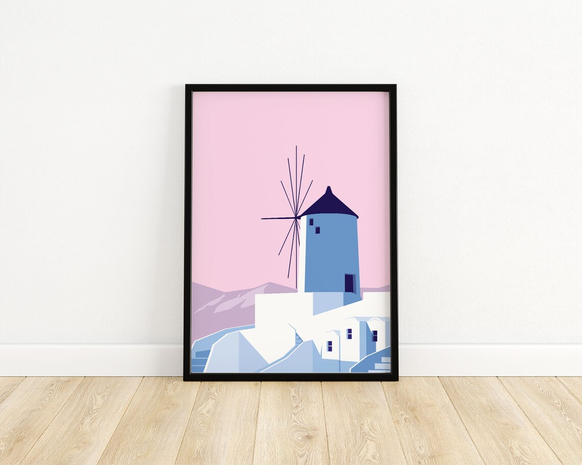 Santorini Windmill Pink Sky Greek Island Travel Art Coastal Poster - Image 3