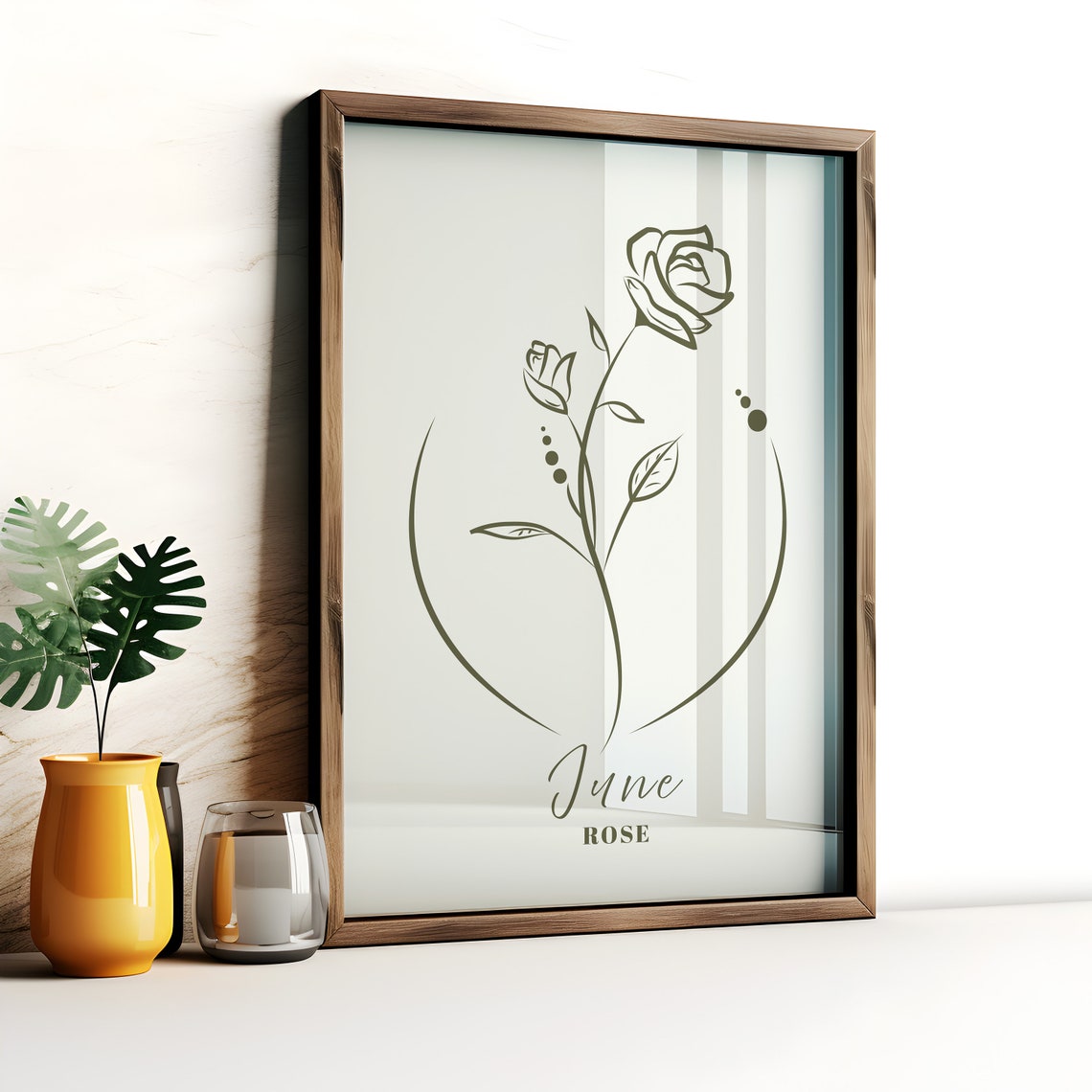June Rose Birth Flower Elegant Minimalist Botanical Line Art Poster