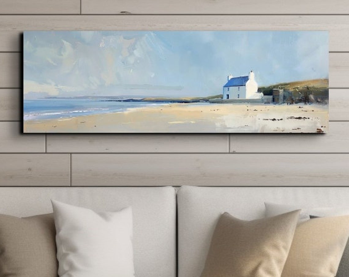 Coastal Beach House Sandy Shore Oil Painting Panoramic Art Poster