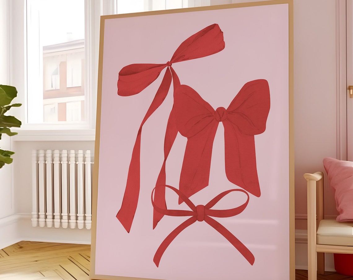 Red Bows Watercolor Coquette Pink Trio Illustration Wall Art