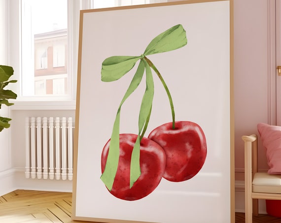 Green Bow Cherry Wall Art Coquette Room Decor Balletcore Wall Art Grandmillenial Cherry Room Decor Balletcore Coquette Aesthetic