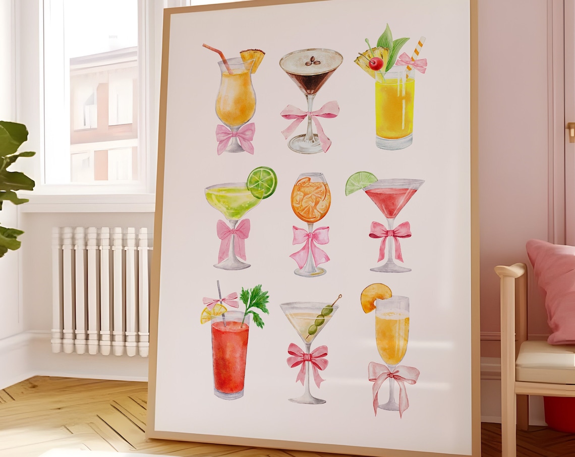 Pink Bow Cocktail Collection Watercolor Bar Cart Party Art Print