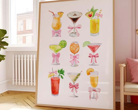 Pink Bow Cocktail Collection Watercolor Bar Cart Party Art Print
