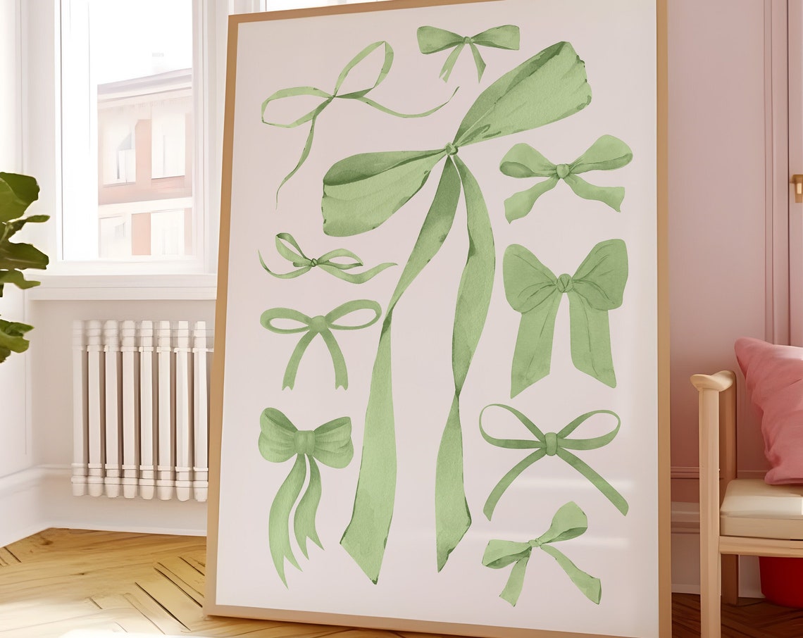 Green Bows Watercolor Balletcore Coquette Aesthetic Girls Room Poster