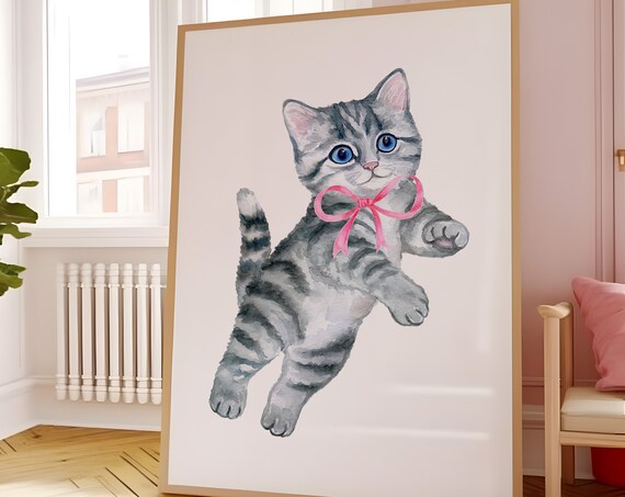Playful Tabby Kitten with Pink Bow Watercolor Coquette Poster