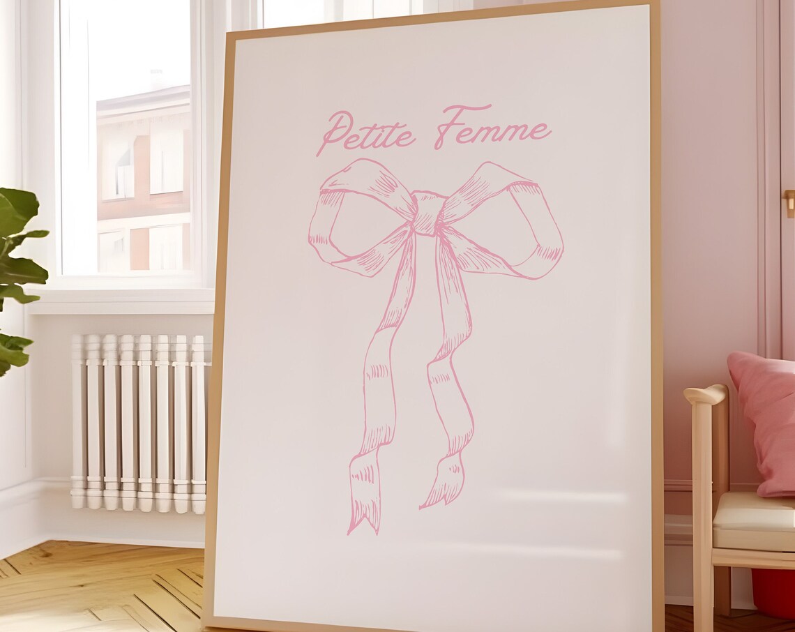 Petite Femme Elegant Pink Line Art Bow French Coquette Style Poster