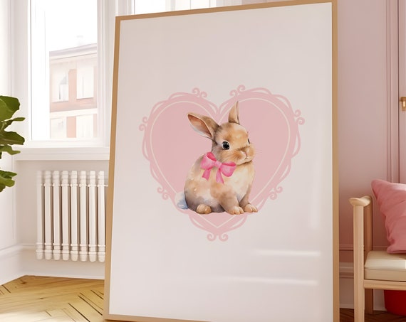 Cute Bunny with Pink Bow Watercolor Coquette Room Decor Poster