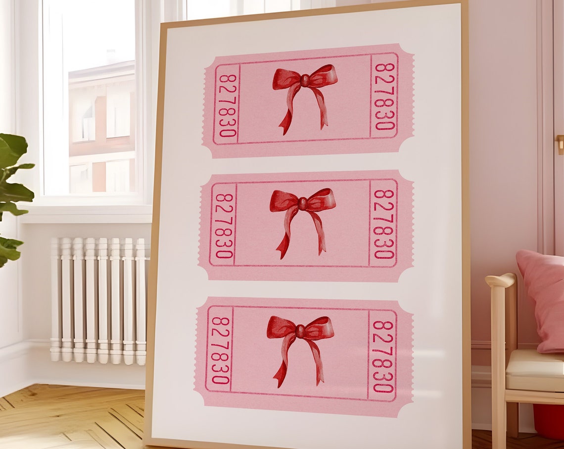 Pink Raffle Tickets With Red Bows Coquette Room Decor Poster